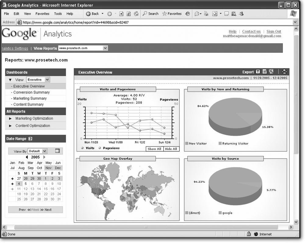 The executive dashboard splits the page into four charts that detail your Web site’s vital signs. The menu on the left lets you browse to new dashboards (the top section) or specific reports (the middle section). You can also adjust the date range you’re working with (in the bottom section), as described in Section 10.3.2.