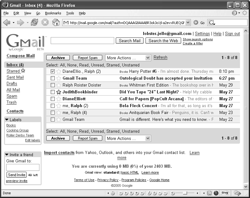 The typical Gmail Inbox has everything laid out neatly for you. Links to your collection of mailboxes, contacts, message labels, and Gmail invites are along the left side of the window. Past and present messages are front and center. Multiple sender names mean you’re having a conversation with more than one person, and the number in parentheses corresponds to the number of messages in the conversation. Messages can be tagged with labels (like “Books”) or starred for importance, and the bold subject lines mean the note is unread.