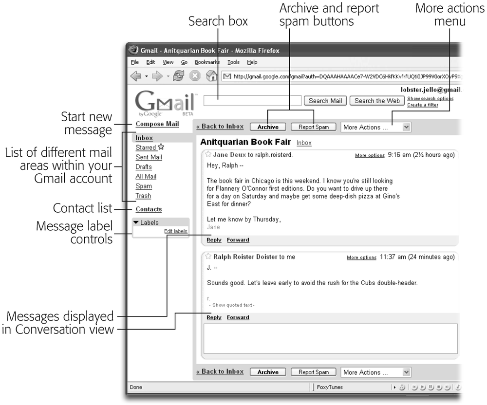 An open Gmail message with an exchange between two people. The left side of the mailbox window has all your controls for creating a message or moving and organizing existing ones. The Sponsored Links on the right side (not shown here) pick up keywords in the message, particularly “Chicago” and “pizza”—two great tastes that go great together. Even Google’s adbot recognizes the fact.