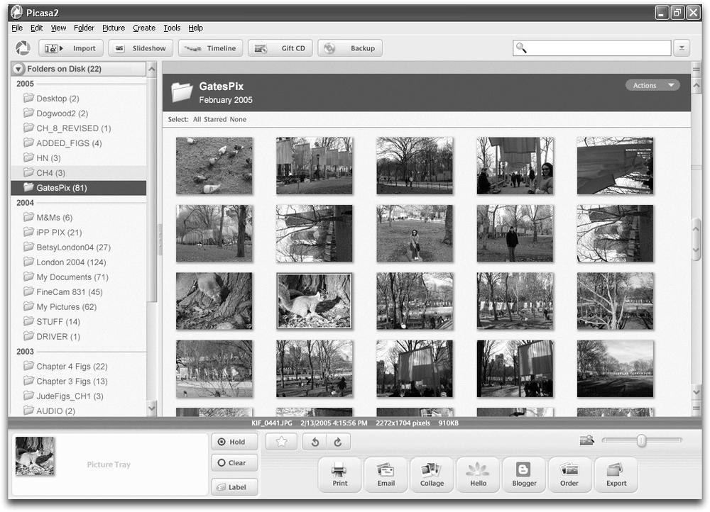 Google’s free Picasa program seeks out and shows you every photo scattered around your system. In addition to organizing your collection, you can also perform basic touch-up tasks like fixing red eye and adjusting the color in your pictures. For a good tutorial on all Picasa’s features, check out .