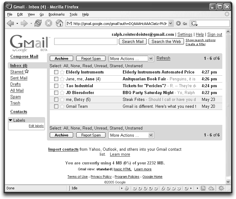 Gmail helpfully tells you the number of new messages in your Inbox. Unread messages appear in bold, and messages that are part of back-and-forth exchanges, which Gmail calls conversations (see the next page), have a number next to the sender’s name that tells you how many messages are part of the conversation. The subject lines for messages you’ve read and conversations you’re caught up on have a light-blue background in the Inbox.