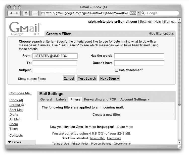 The area labeled “Create a Filter” is the part you care about at this stage.