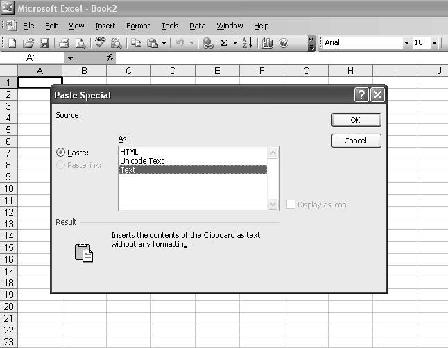 The Paste Special command in Excel lets you choose the format to use for pasted text. If your browser was Firefox or Mozilla, when you copied your contacts, however, the browser added some gunk you don’t want now. Choosing the Text option in this dialog box gets rid of the extra stuff.