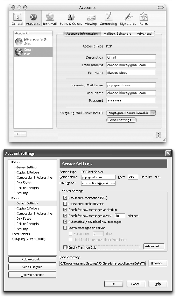 After you turn on POP Download in your Gmail settings, you need to create another mail account within your standalone email program and give it the information it needs to find and download messages from your Gmail account. Adding accounts in Apple Mail (top) or Mozilla Thunderbird (bottom) requires that you type in your Gmail account name and password. You also need to supply addresses for your incoming and outgoing Gmail in the right fields. You’ll need to turn on the checkbox for an SSL connection—and fill in your user name and password for the outgoing server—to let Gmail’s servers know it’s really you sending the message. Full instructions for most mail programs are at .