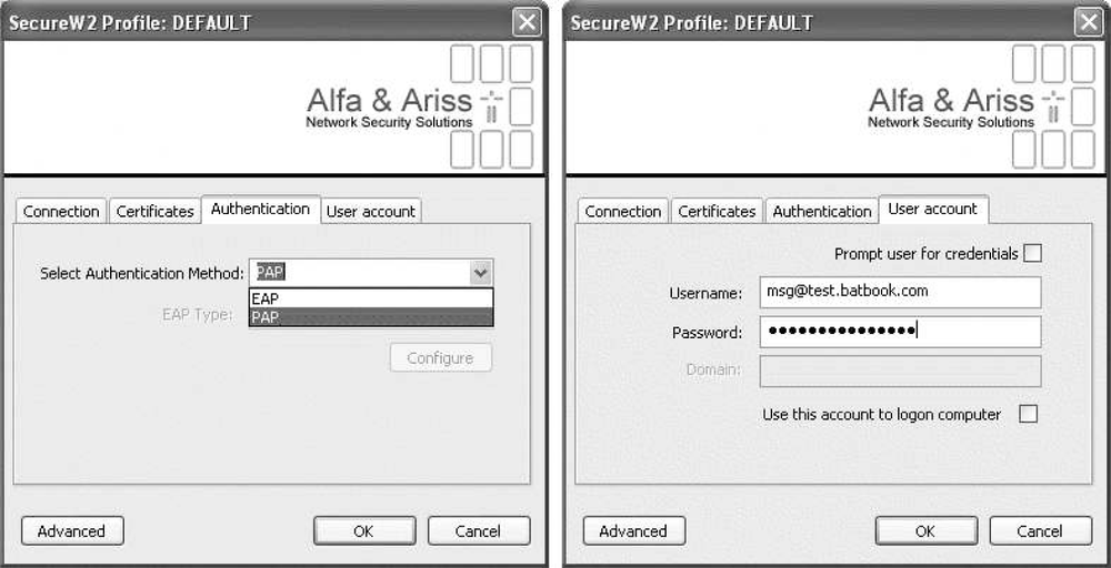 SecureW2 authentication method and user account screens
