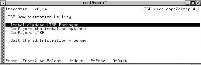The initial screen of the ltspadmin utility