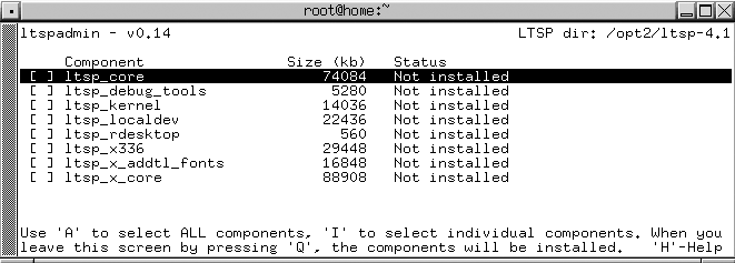 The ltspadmin utility’s Select Packages screen