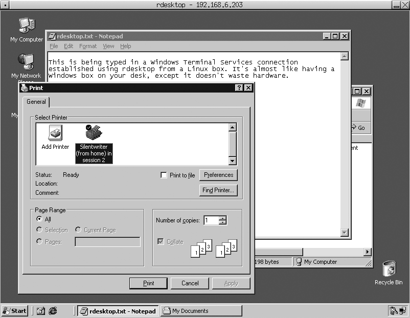 A print queue mapped by rdesktop