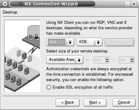 Specifying NX Client protocols and size