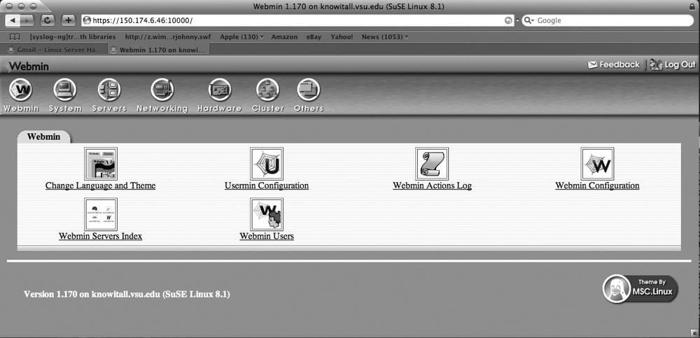 The default Webmin interface in a web browser