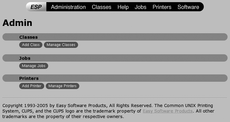 The main CUPS admin screen