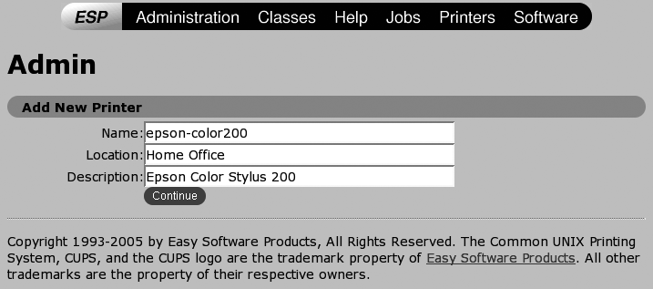 The initial printer definition screen