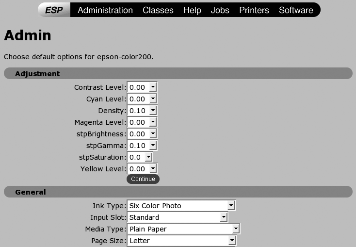 The printer-specific configuration screen