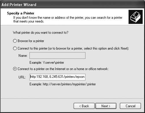 Specifying a URL in the Windows XP Add Remote Printer dialog