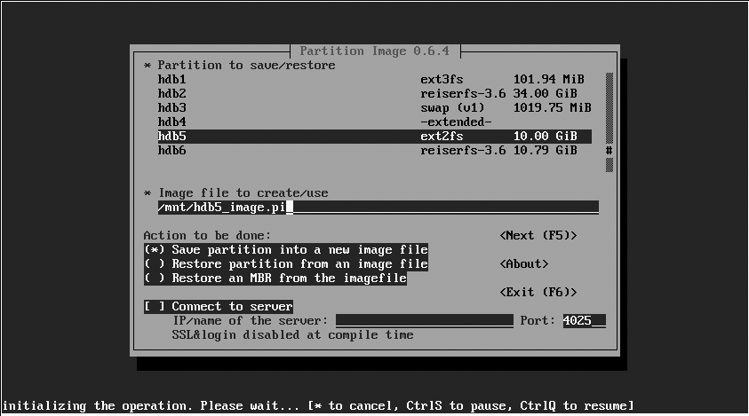 Selecting a partition to image and specifying the output file