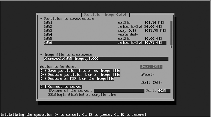 Selecting a partition to restore to and the partition image file