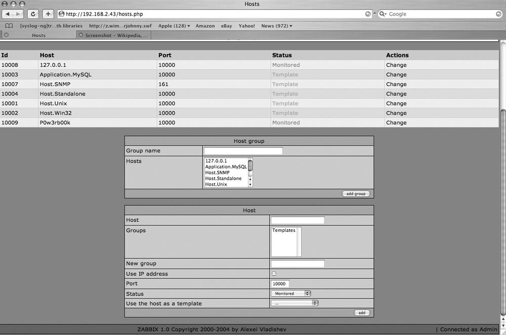 The Zabbix Hosts tab