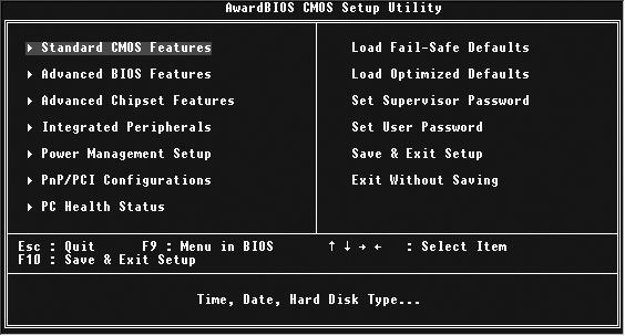 An Award BIOS with vertical menus