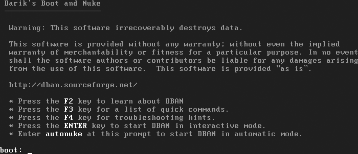 The DBAN boot screen