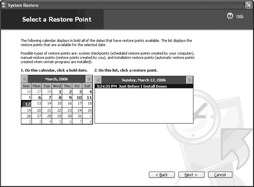 Selecting a restore point