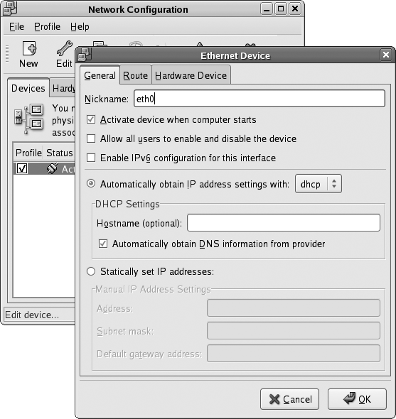 Network Configuration device-editing window