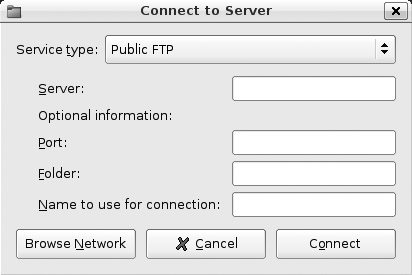 A sample “Connect to Server” dialog for FTP connections