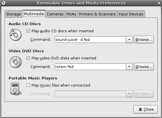 The Removable Drives and Media Preferences window