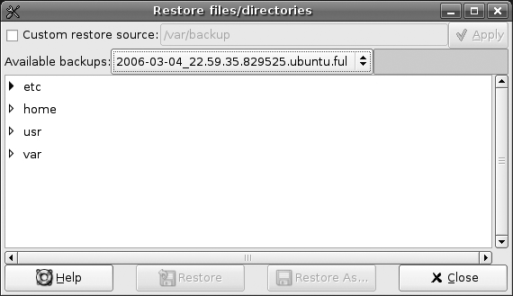 The “Restore files/directories” window