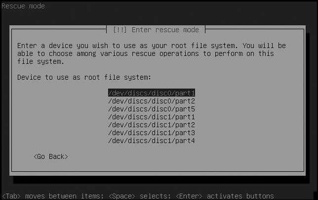 The rescue-disk root-device dialog