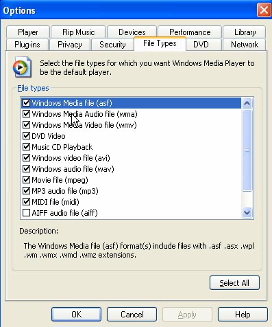 Use the Windows Media Player to view the file types supported by MCE.