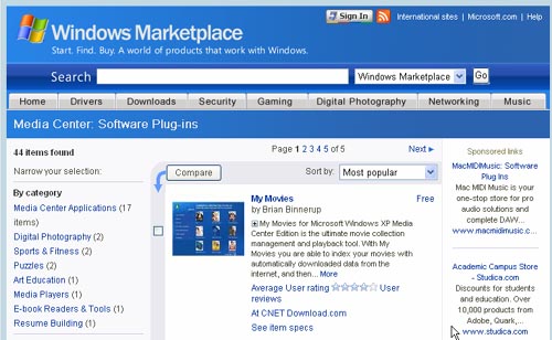 Use the Windows Marketplace to locate the best plug-ins for MCE.