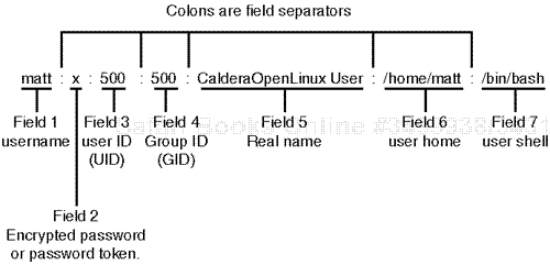 /etc/passwd is broken into seven colon-delimited fields: username, password, userID, groupID, real name, user home, and user shell.