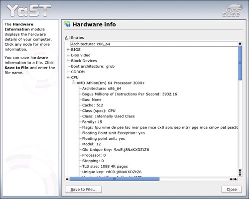 The YaST Hardware Information module provides detailed information on your system.