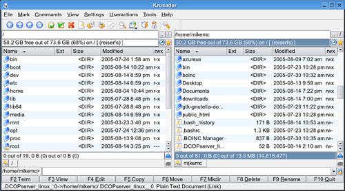 Krusader gives you a dual-pane interface and will synchronize the files in each pane if you want it to.