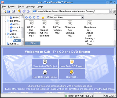 K3b knows what the typical CD-burning projects are and puts them in easy reach on the main screen.