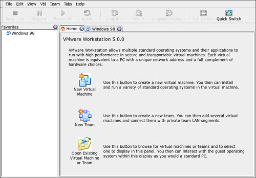 Set up a new virtual machine with the VMware home screen.