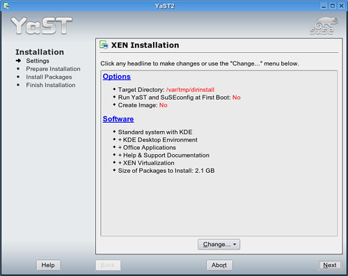 Installing SUSE Linux into a Xen directory via YaST is nearly identical to the standard installation. Use this screen to select the software to install, and to configure Xen-specific options.