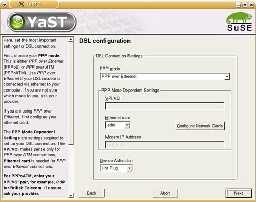 The first DSL configuration screen lets you identify the type of connection and the Ethernet card.