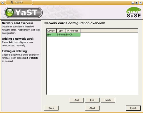 Use the Edit button on the Network Cards Configuration Overview page to change the existing settings for your DSL card, or use Add to define a new or undetected card.