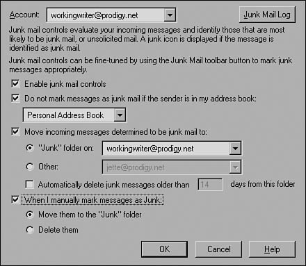 Set up spam (junk) filtering in Thunderbird or Mozilla Mail with this dialog box.