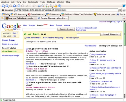 Google Groups gives you a searchable and browsable Usenet newsfeed on the Web. This is the alt.os.linux.suse group. The standard Google ads appear at the bottom of the page.