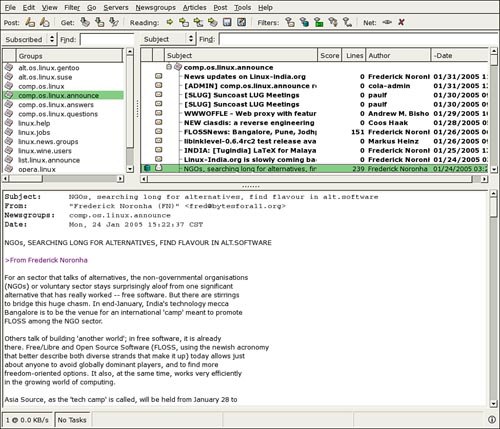 Pan is an easy-to-use graphical newsreader that was designed for GNOME but runs everywhere. You can choose to display groups, headers, and messages in a tri-pane format, as shown in this figure, or in tabs, with one pane showing and the others in the background.