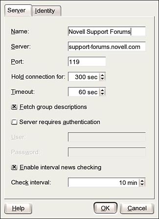 Configuring KNode for the Novell Support forums. News client server configuration screens are very similar to each other.