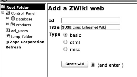 Use the Zope Management Interface to add a ZWiki Web.