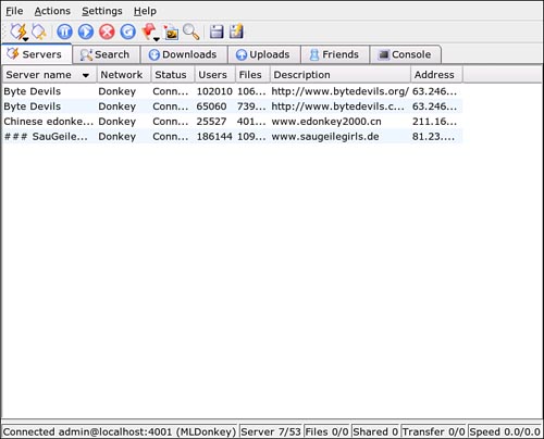 KMLDonkey displays the servers you are currently connected to.