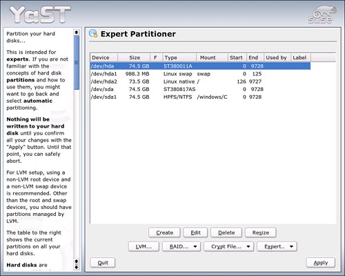 Expert Partitioner lets you resize existing partitions and create new ones. The initial screen displays your current partition table.