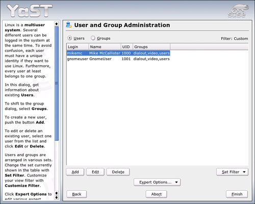 The YaST User and Group Administration tool.