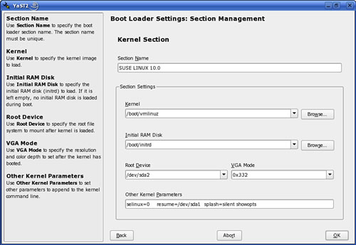 Modifying a GRUB menu item in YaST.