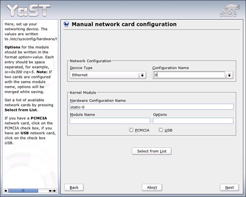 Choose Select from List to find your network card, or enter NIC information yourself.