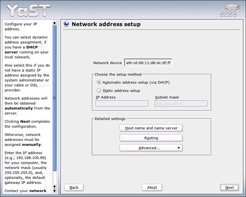 Addressing for this card is handled by DHCP. You can also use this screen to set up a static address or configure this machine as a router.